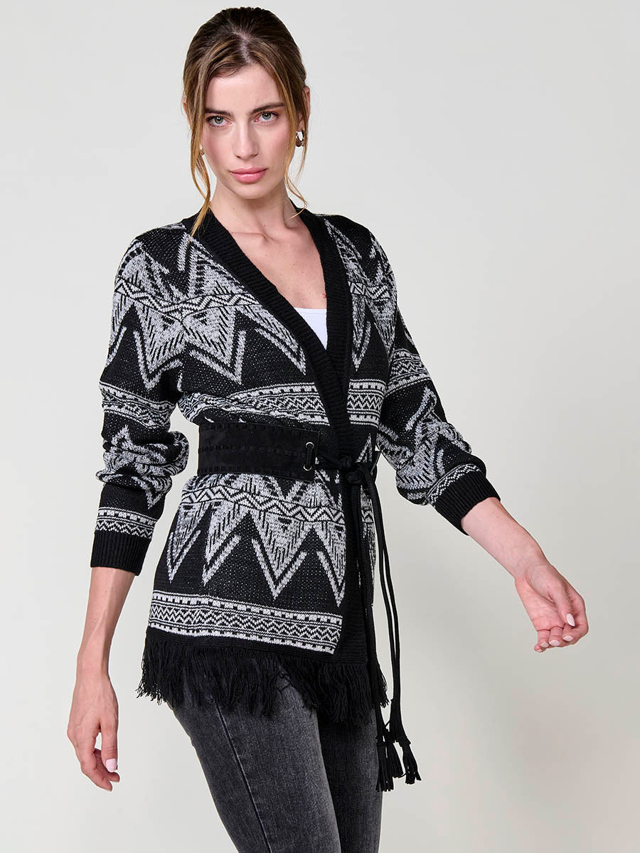 Cárdigan tricot punto abierto jacquard étnico bicolor