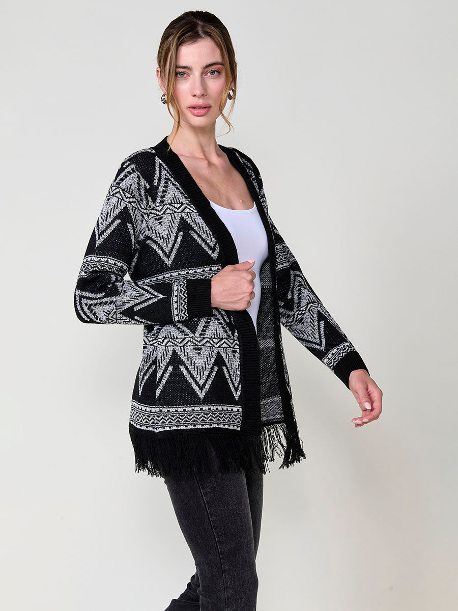 Cárdigan tricot punto abierto jacquard étnico bicolor