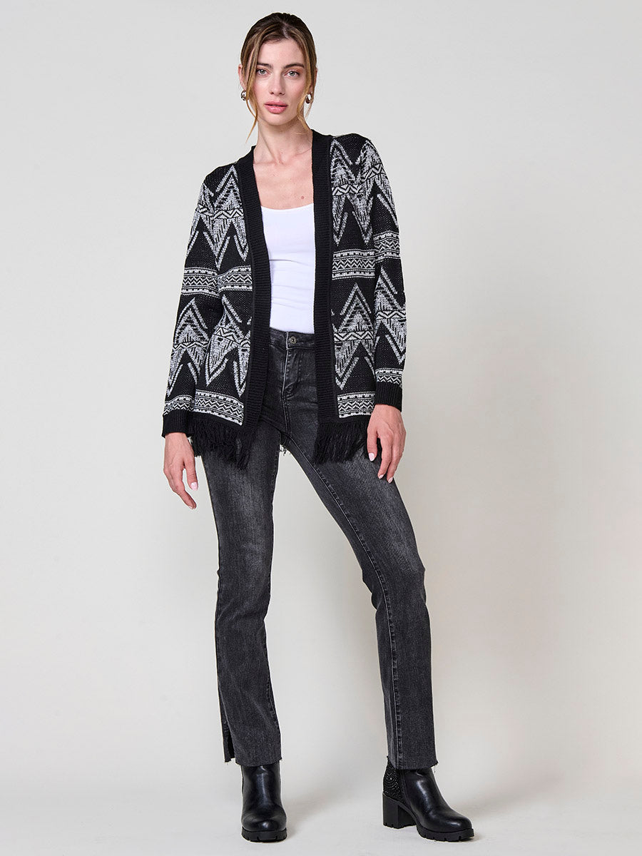 Cárdigan tricot punto abierto jacquard étnico bicolor