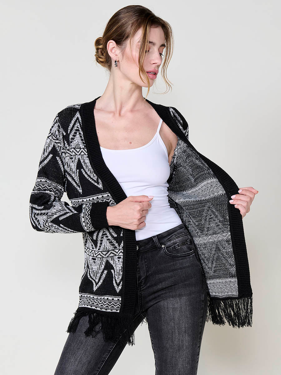 Cárdigan tricot punto abierto jacquard étnico bicolor
