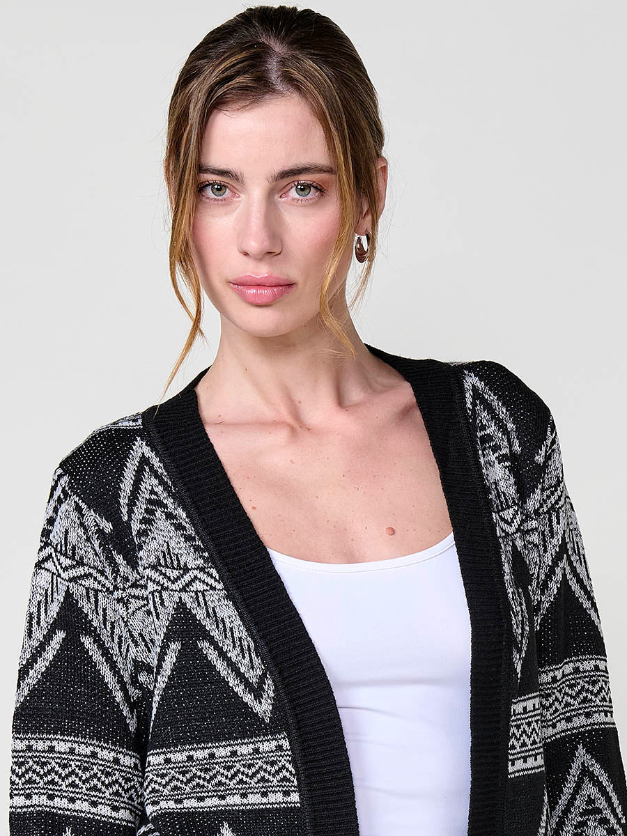Cárdigan tricot punto abierto jacquard étnico bicolor