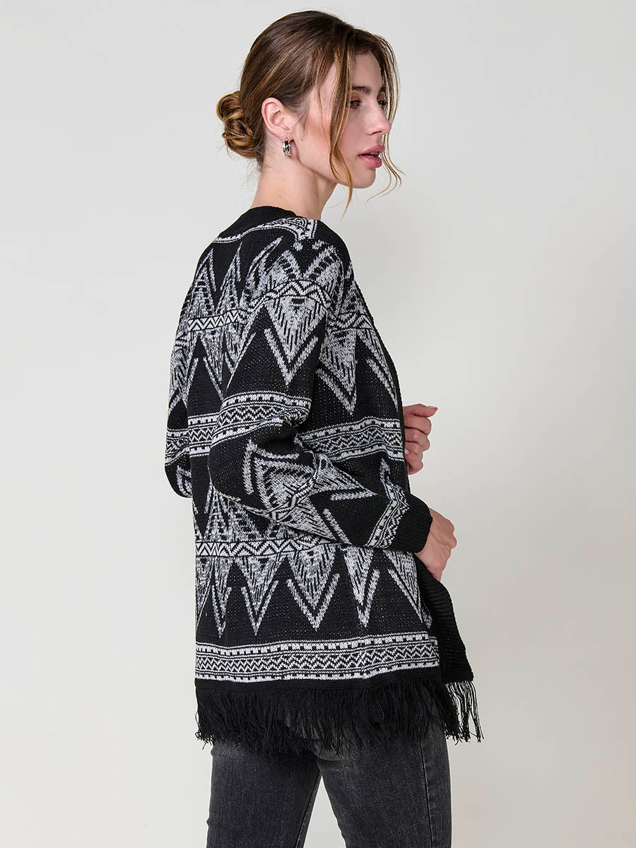 Cárdigan tricot punto abierto jacquard étnico bicolor