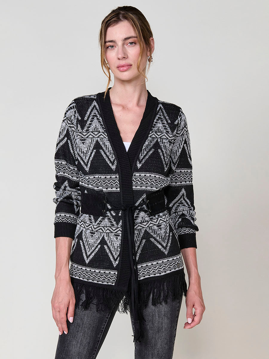 Cárdigan tricot punto abierto jacquard étnico bicolor