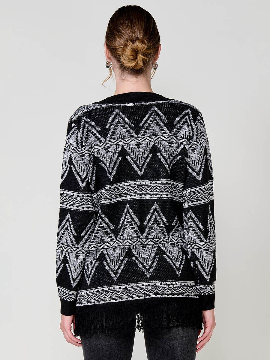 Cárdigan tricot punto abierto jacquard étnico bicolor