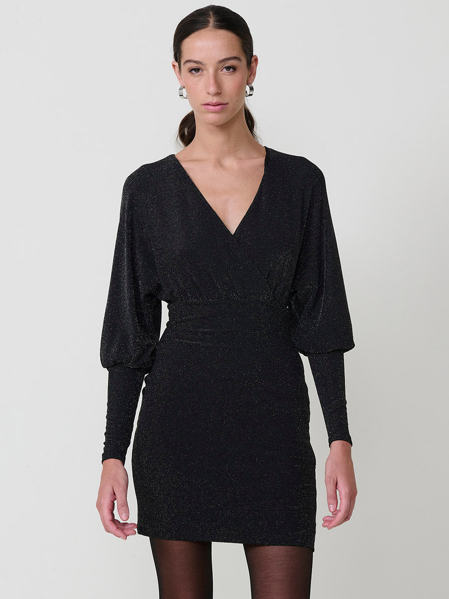 Vestido corto elástico brillante manga larga abullonada mujer