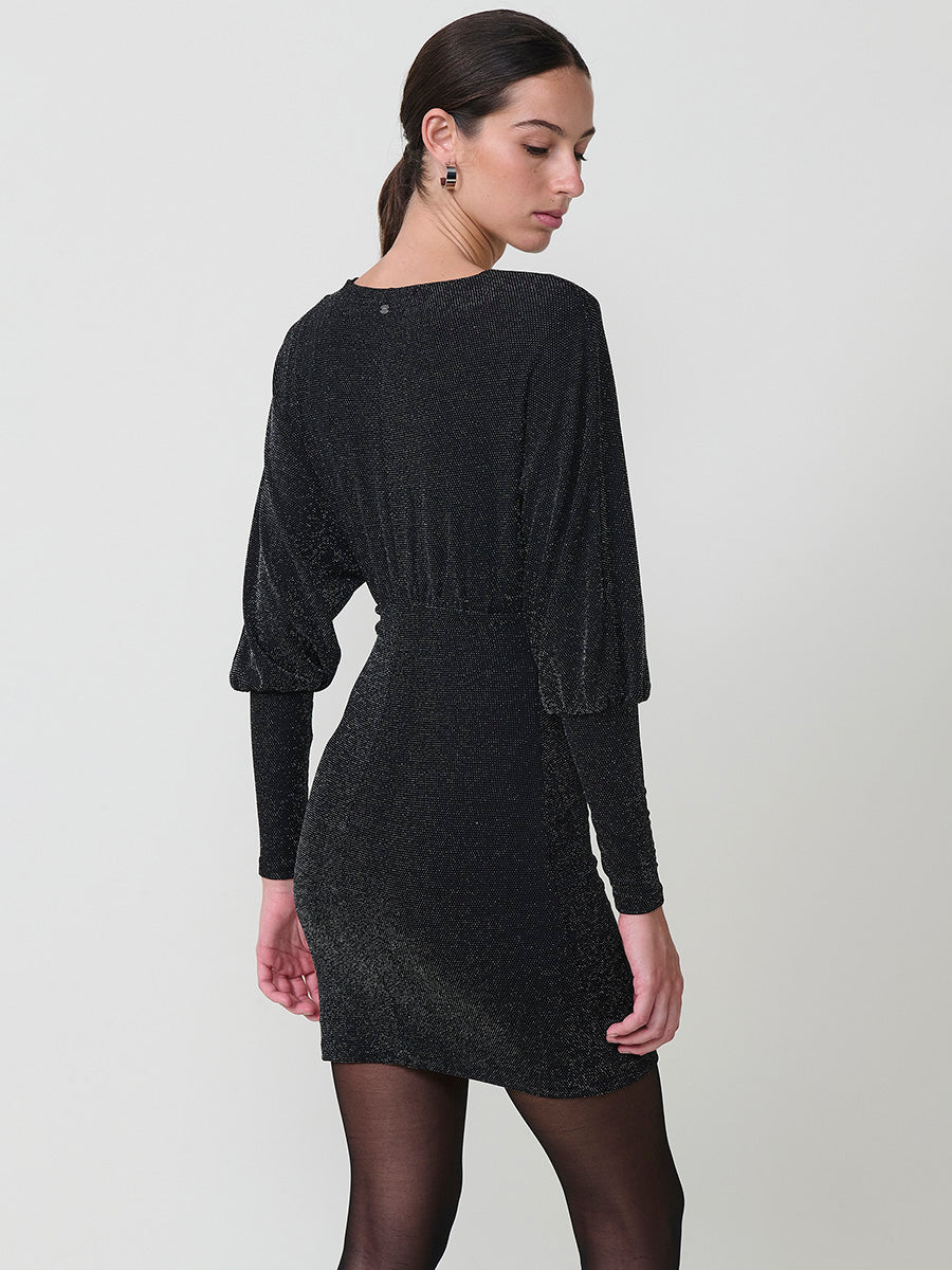 Vestido corto elástico brillante manga larga abullonada mujer