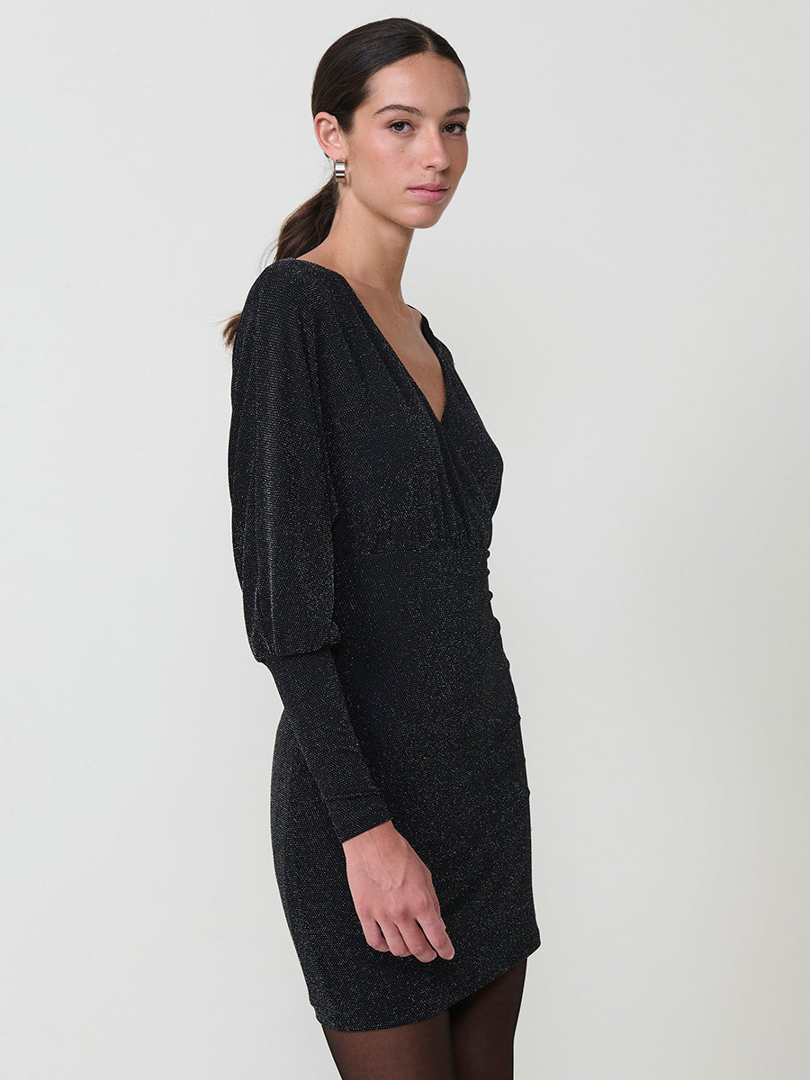 Vestido corto elástico brillante manga larga abullonada mujer