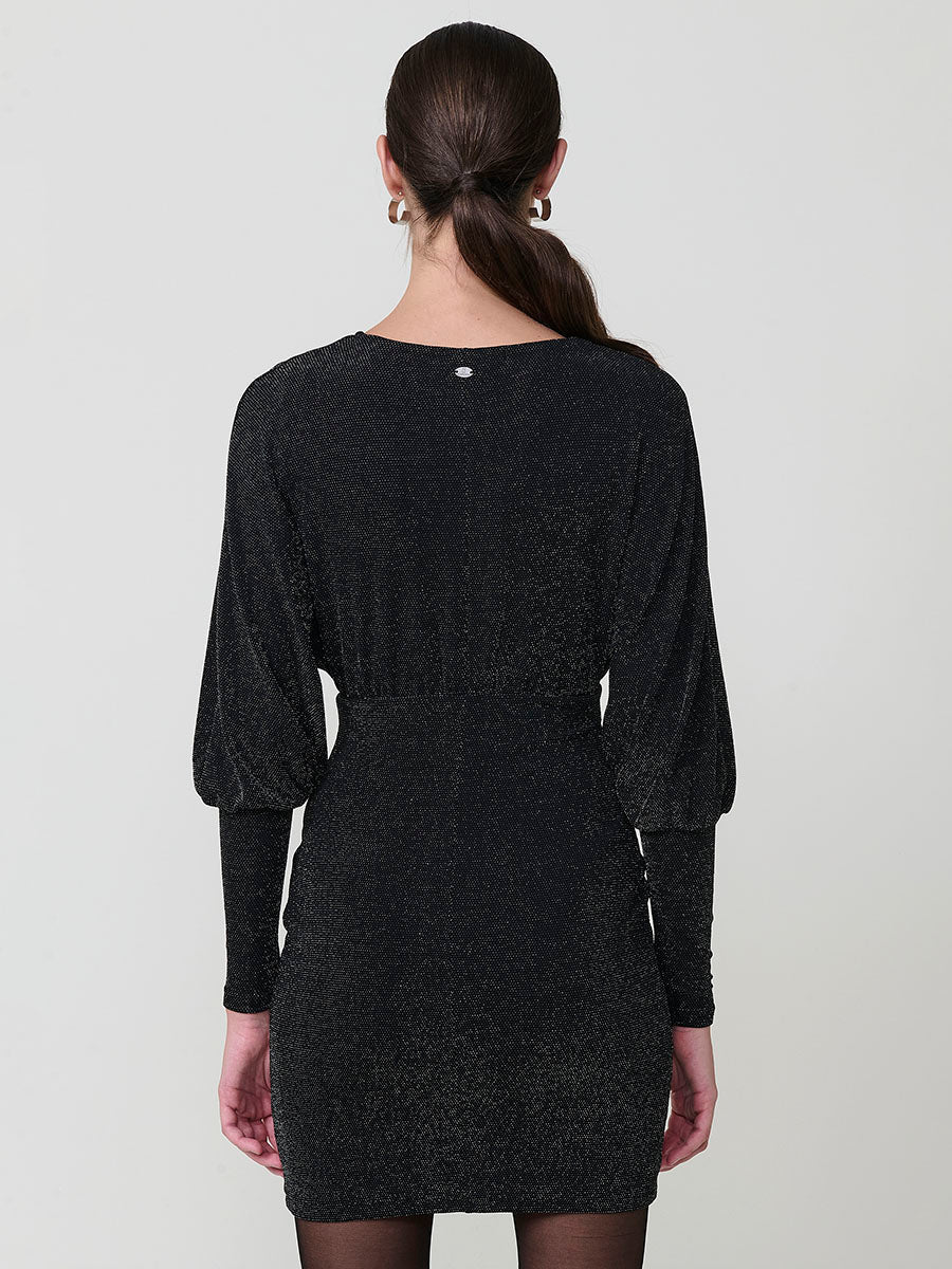 Vestido corto elástico brillante manga larga abullonada mujer