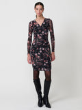 Vestido cruzado tul elástico floral cachemir manga larga mujer