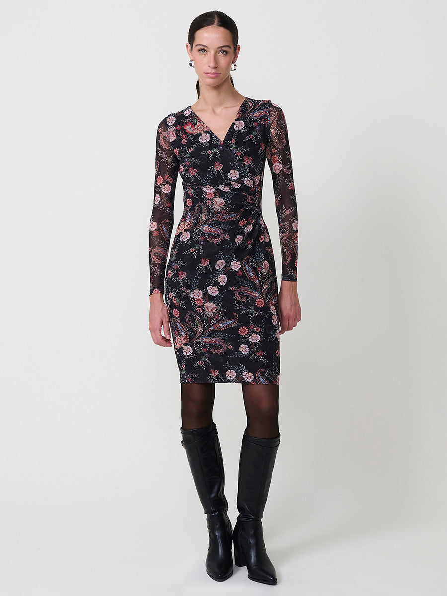 Vestido cruzado tul elástico floral cachemir manga larga mujer