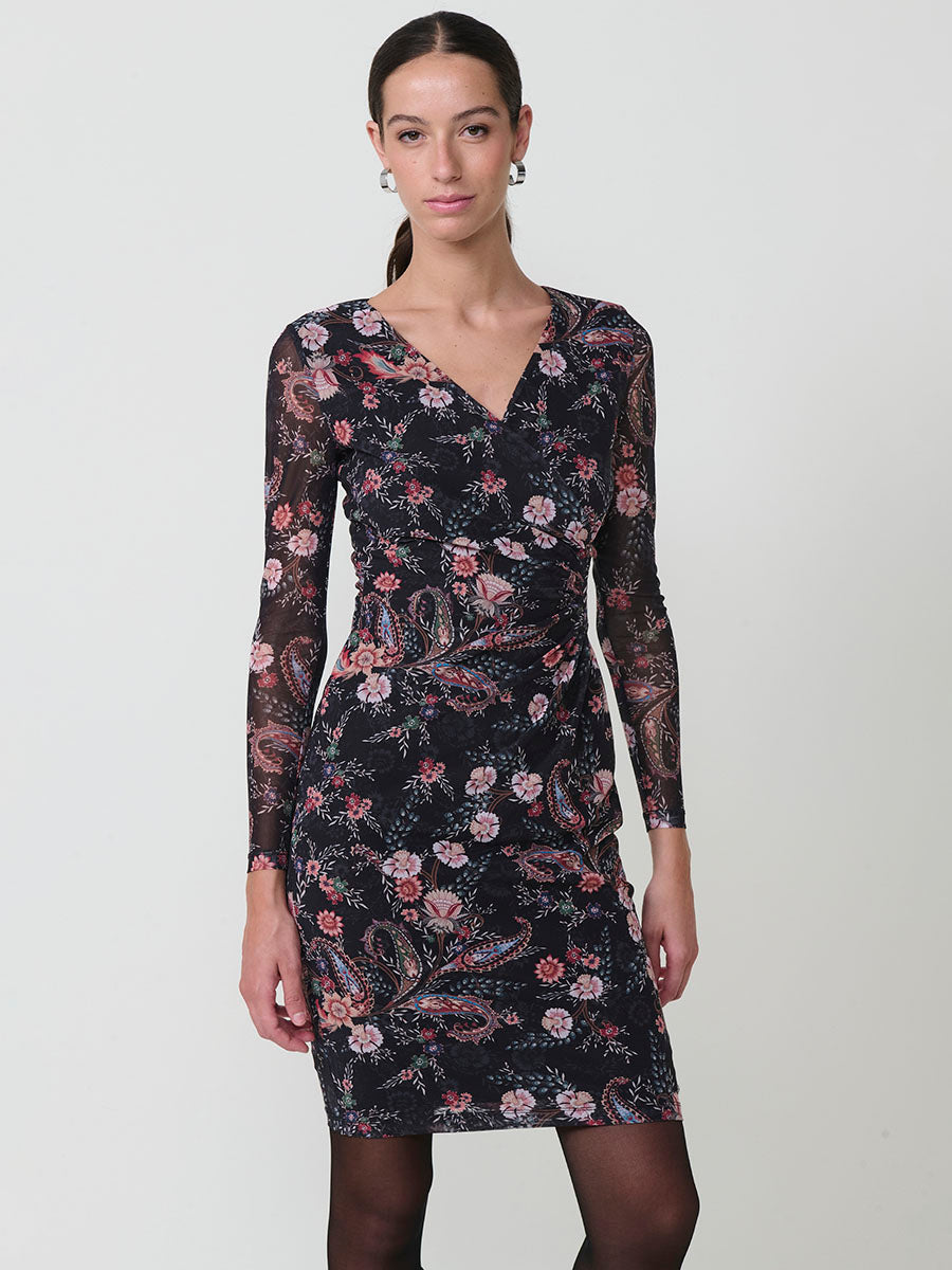 Vestido cruzado tul elástico floral cachemir manga larga mujer