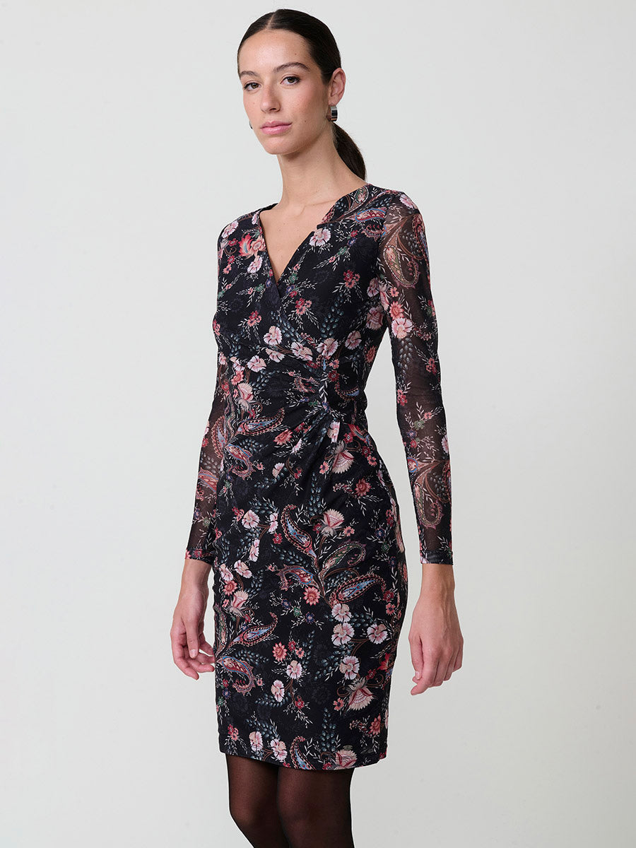 Vestido cruzado tul elástico floral cachemir manga larga mujer