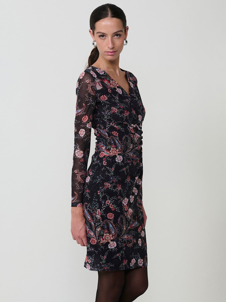 Vestido cruzado tul elástico floral cachemir manga larga mujer