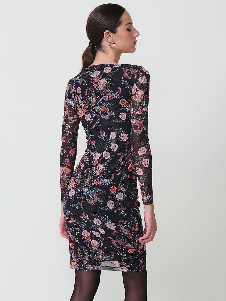 Vestido cruzado tul elástico floral cachemir manga larga mujer