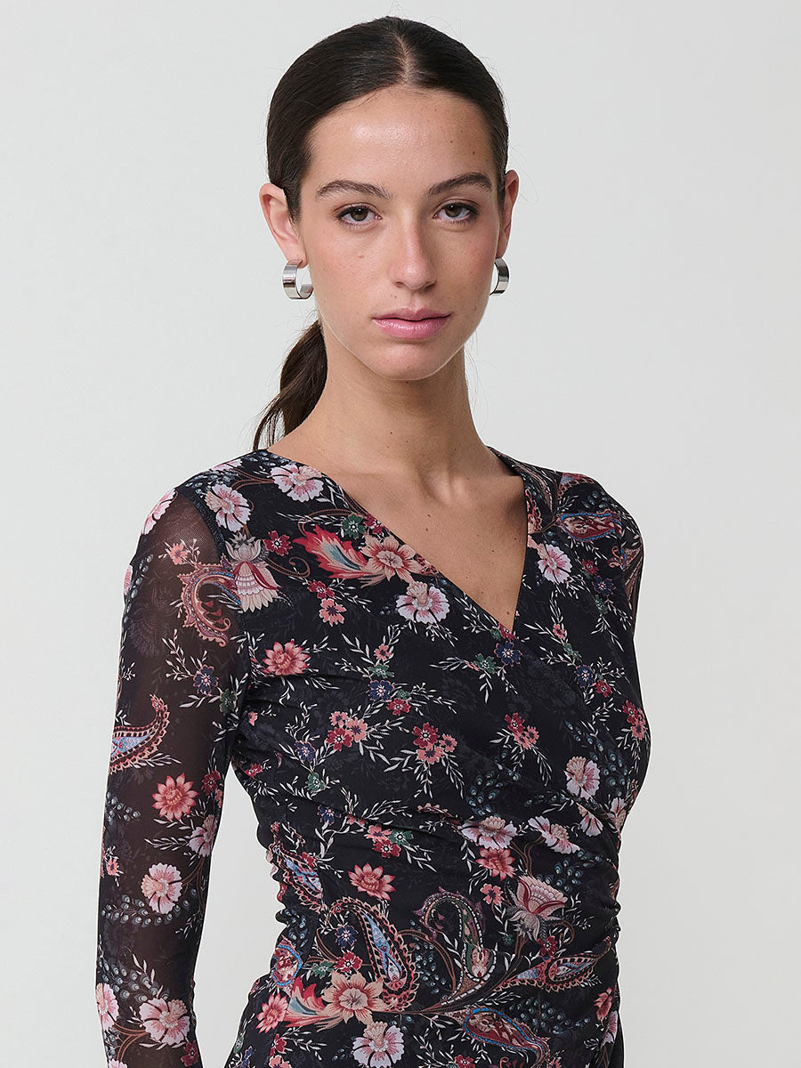 Vestido cruzado tul elástico floral cachemir manga larga mujer