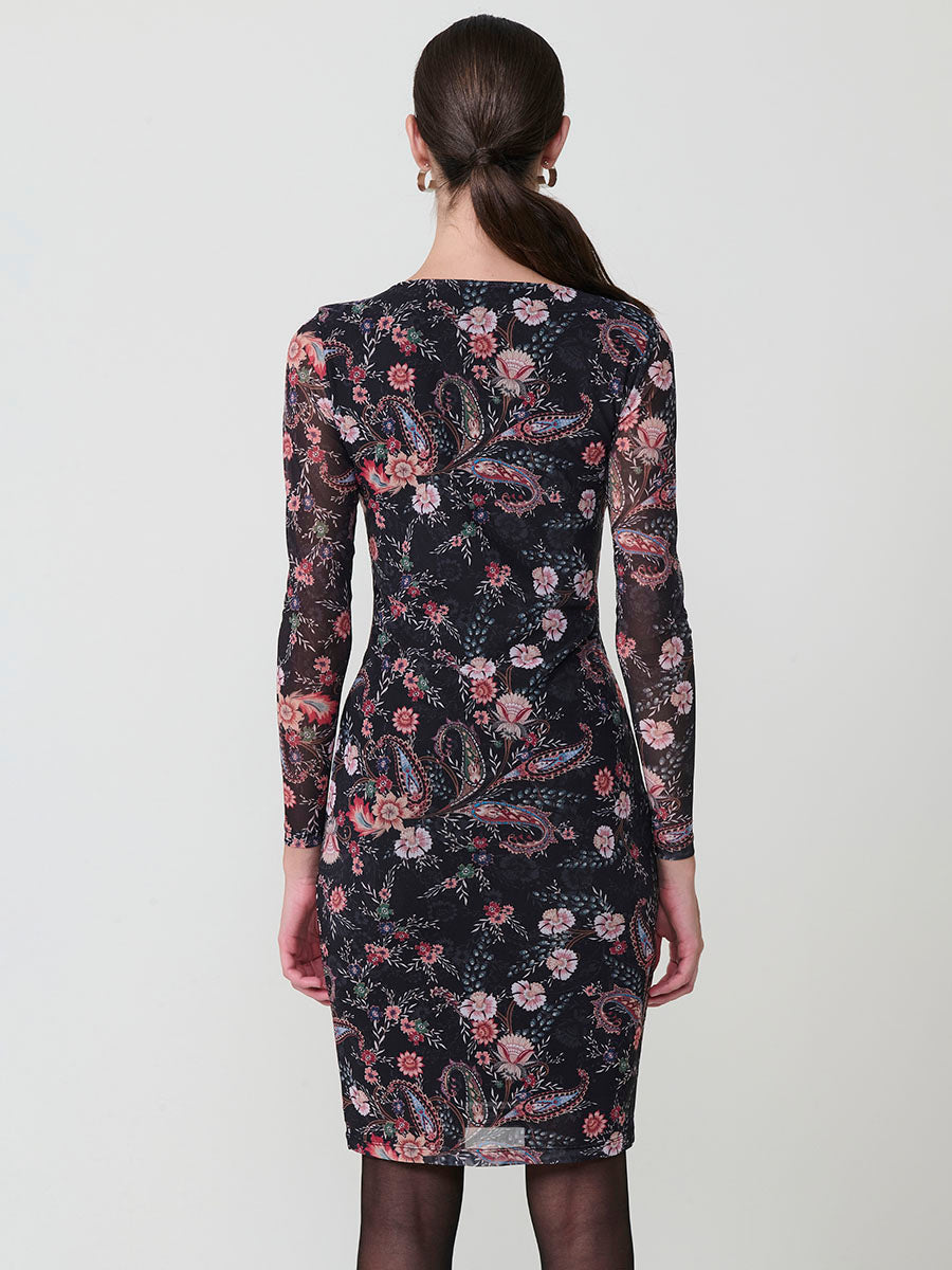 Vestido cruzado tul elástico floral cachemir manga larga mujer