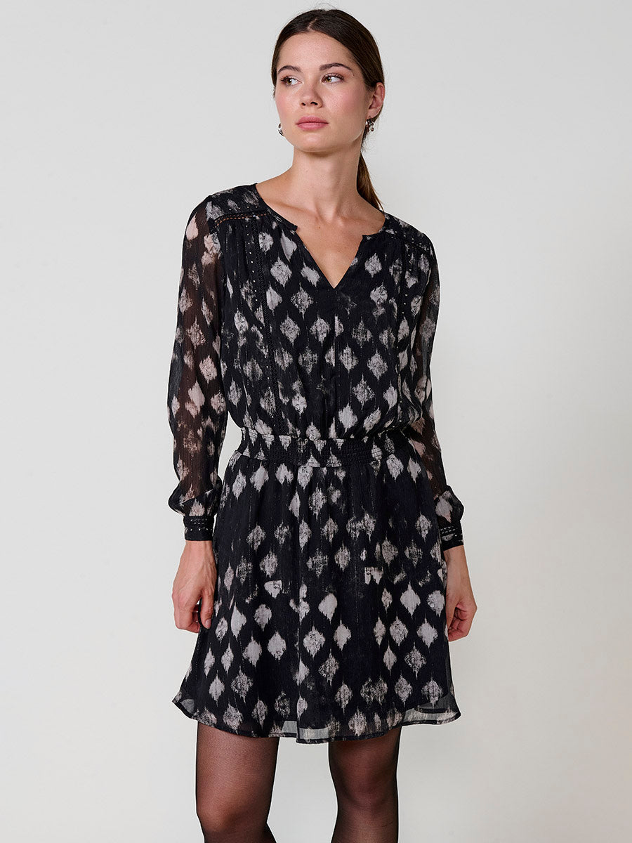 Vestido corto mujer estampado ikat hilo metalizado mujer