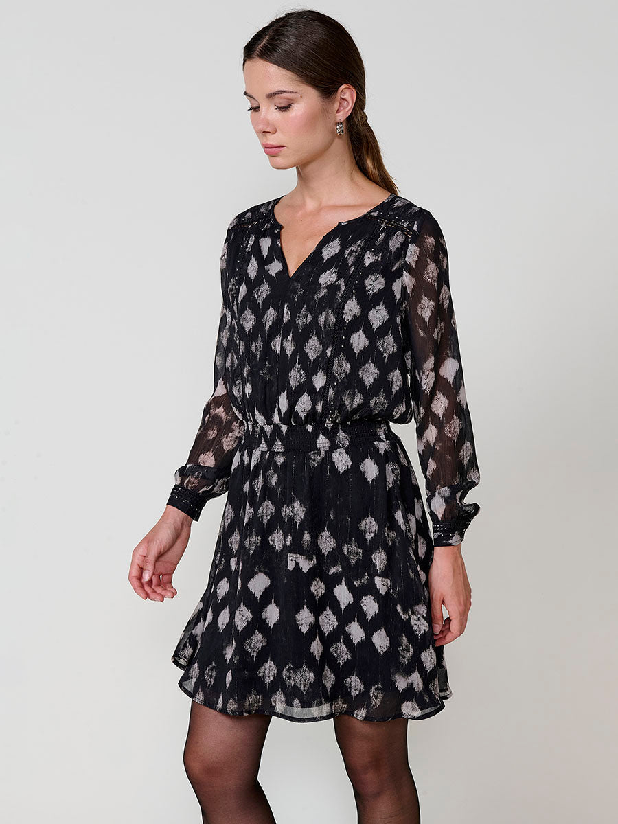 Vestido corto mujer estampado ikat hilo metalizado mujer