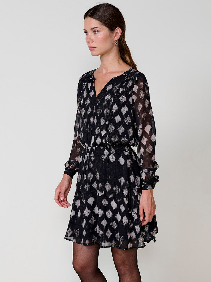 Vestido corto mujer estampado ikat hilo metalizado mujer