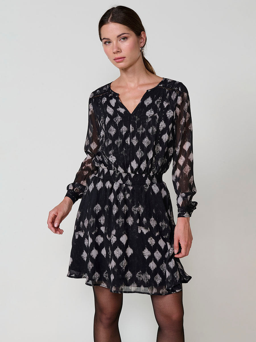 Vestido corto mujer estampado ikat hilo metalizado mujer