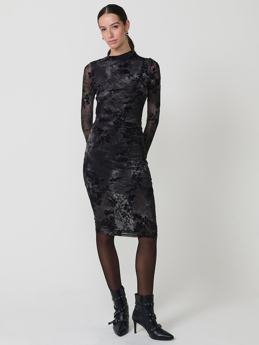Vestido Midi Negro Mujer Tul Floral Aterciopelado | Koroshi