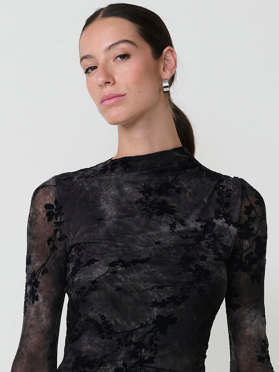 Vestido Midi Negro Mujer Tul Floral Aterciopelado | Koroshi