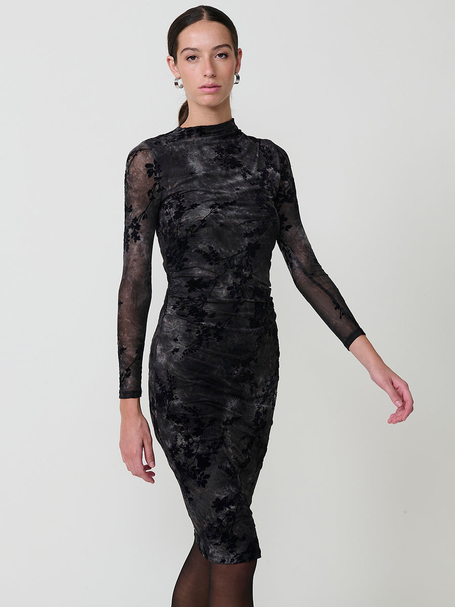 Vestido Midi Negro Mujer Tul Floral Aterciopelado | Koroshi