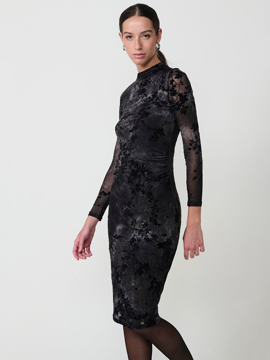 Vestido Midi Negro Mujer Tul Floral Aterciopelado | Koroshi