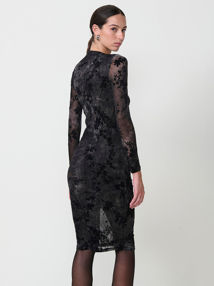 Vestido Midi Negro Mujer Tul Floral Aterciopelado | Koroshi