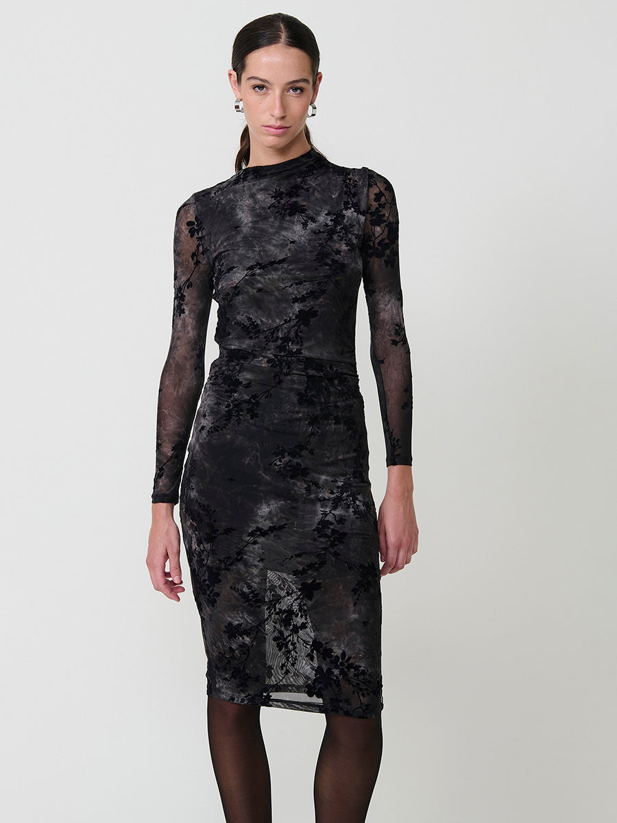 Vestido Midi Negro Mujer Tul Floral Aterciopelado | Koroshi