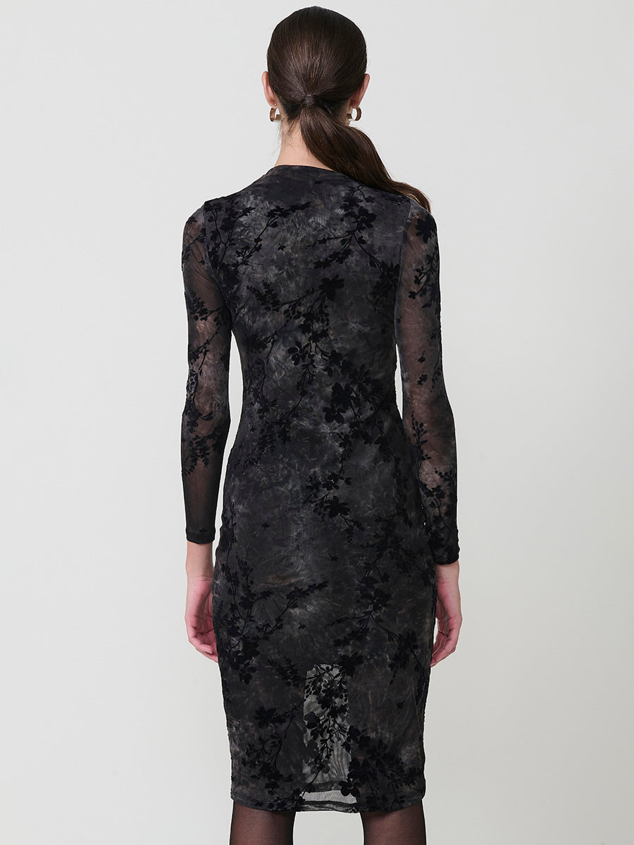 Vestido Midi Negro Mujer Tul Floral Aterciopelado | Koroshi