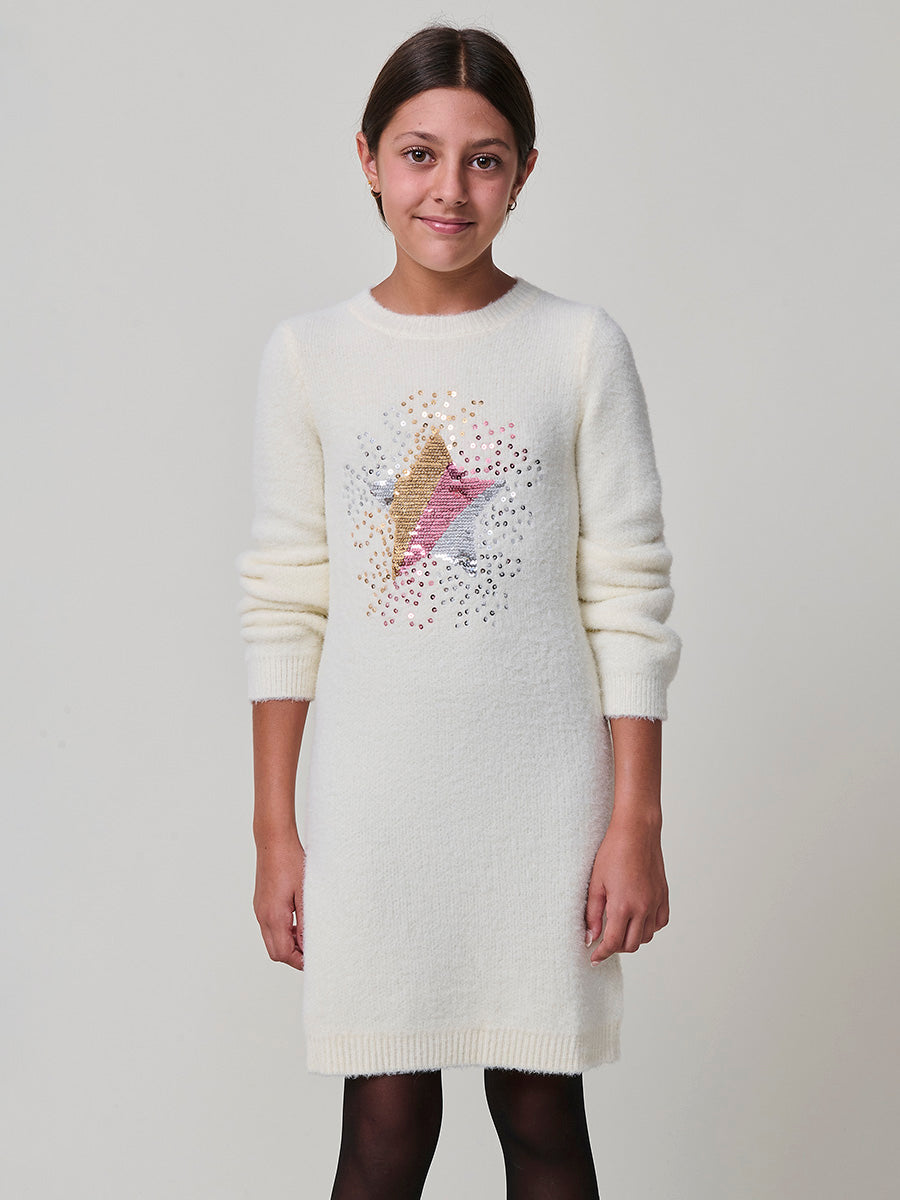 Vestido de Punto Niña con Estrella de Lentejuelas – Koroshi Crudo