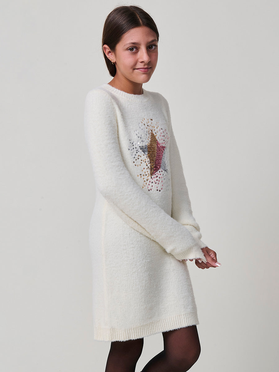 Vestido de Punto Niña con Estrella de Lentejuelas – Koroshi Crudo