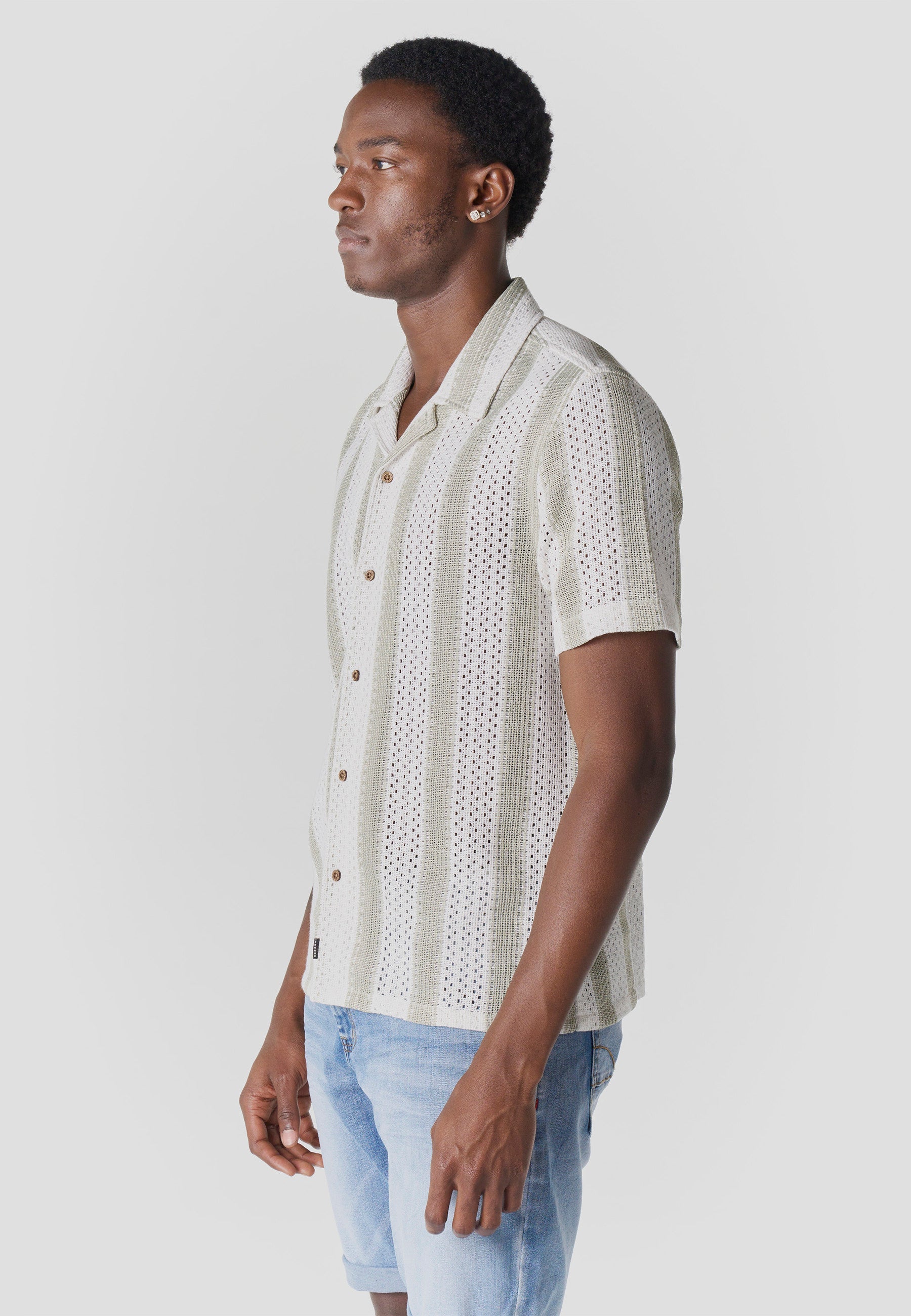 Camisa Hombre Manga Corta Rayas Cuello Cubano Kaki – Koroshi 2611CC20