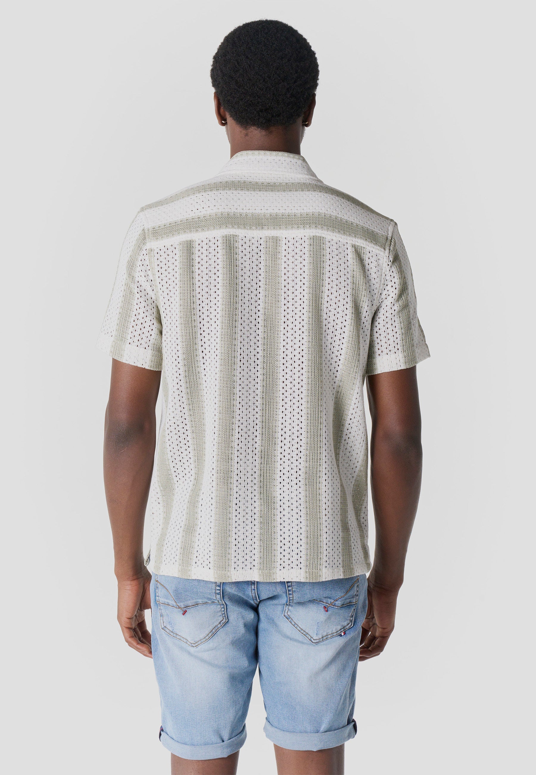 Camisa Hombre Manga Corta Rayas Cuello Cubano Kaki – Koroshi 2611CC20