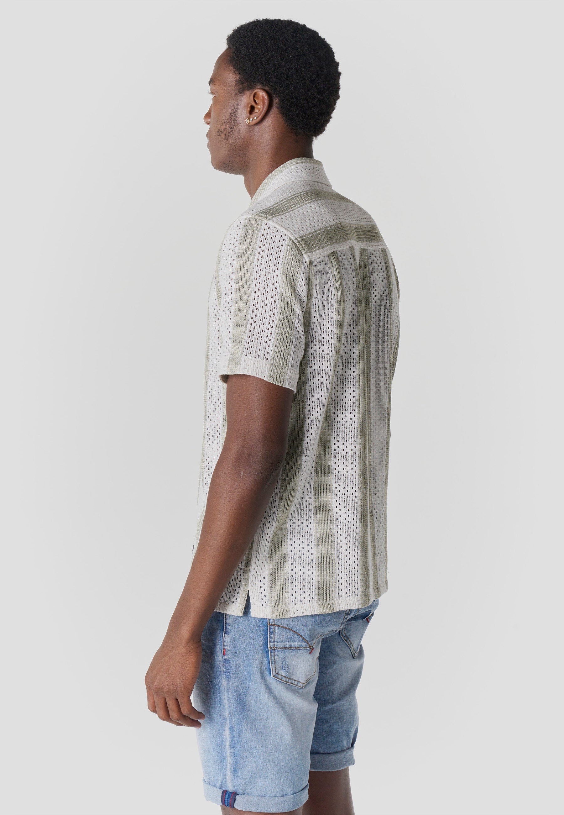 Camisa Hombre Manga Corta Rayas Cuello Cubano Kaki – Koroshi 2611CC20