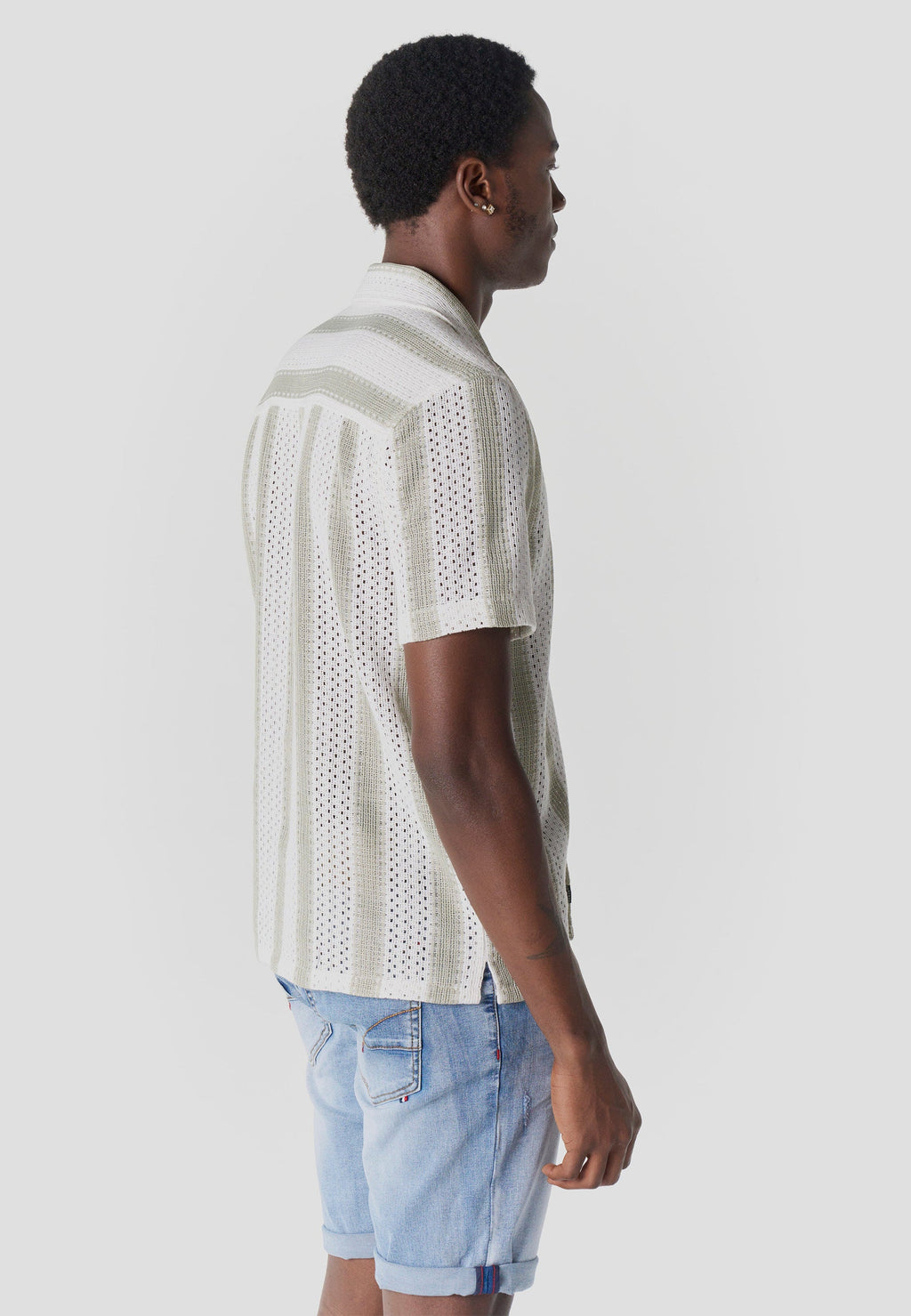 Camisa Hombre Manga Corta Rayas Cuello Cubano Kaki – Koroshi 2611CC20
