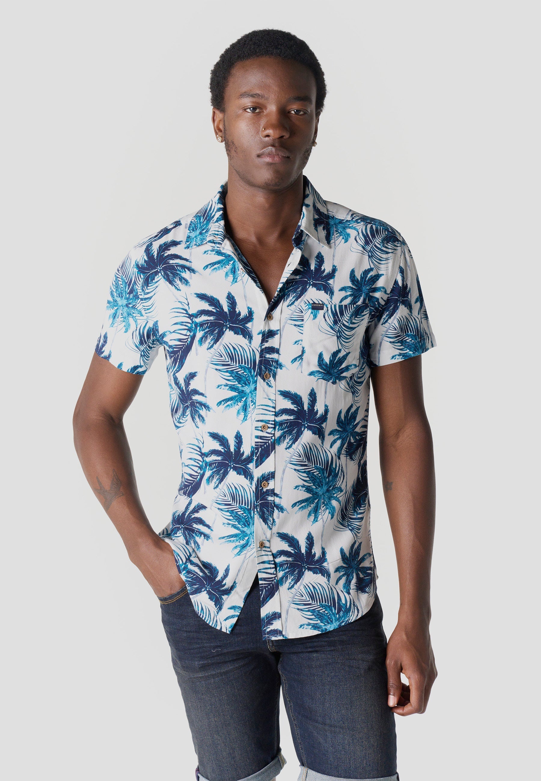 Camisa Hombre Manga Corta Estampado Tropical Viscosa – Koroshi 2611CC36
