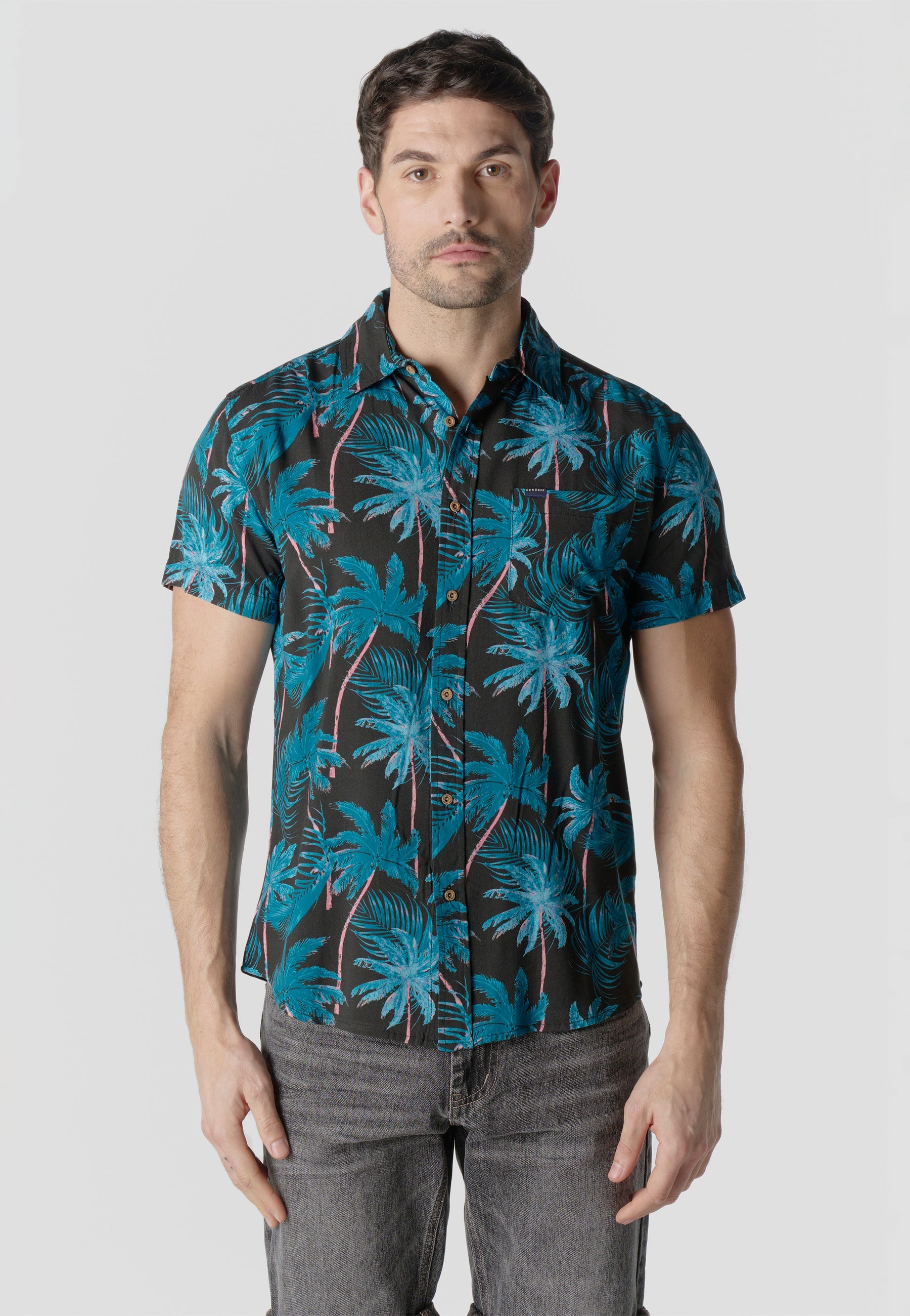 Camisa Hombre Manga Corta Estampado Tropical Viscosa – Koroshi 2611CC36