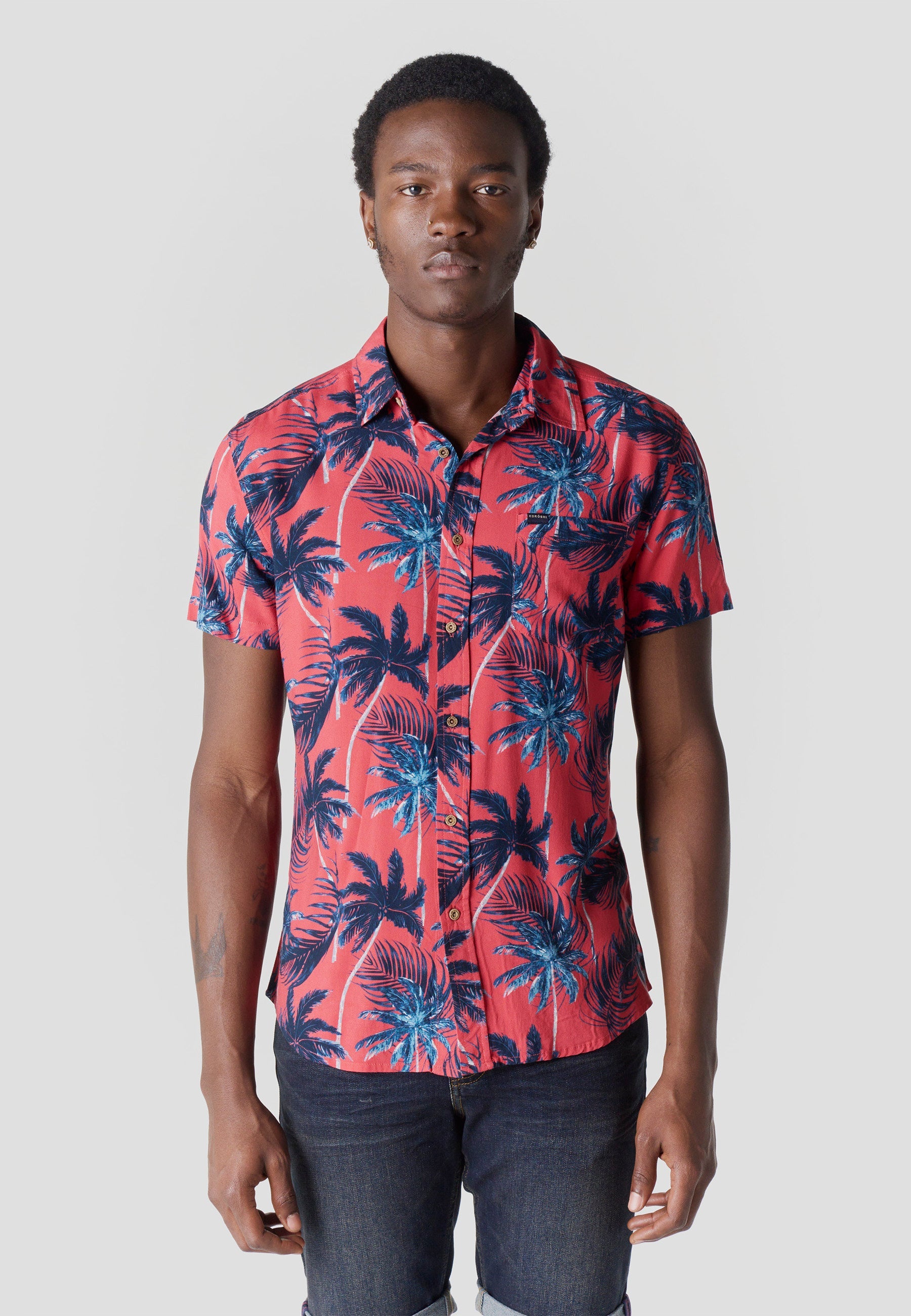 Camisa Hombre Manga Corta Estampado Tropical Viscosa – Koroshi 2611CC36