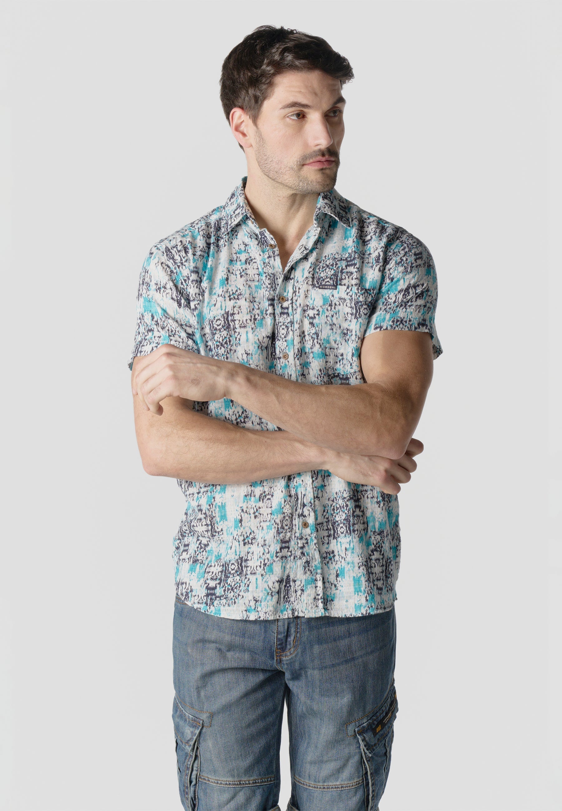 Camisa Hombre Manga Corta Estampada Algodón Slub Casual – Koroshi 2611CC42
