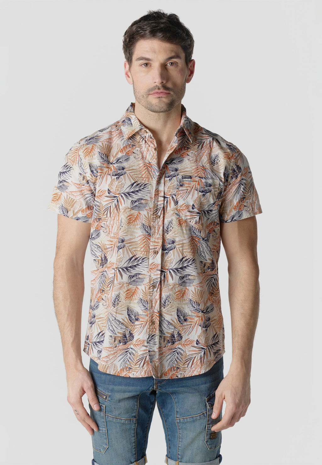 Camisa Hombre Manga Corta Estampada Tropical Algodón Slub – Koroshi Multicolor