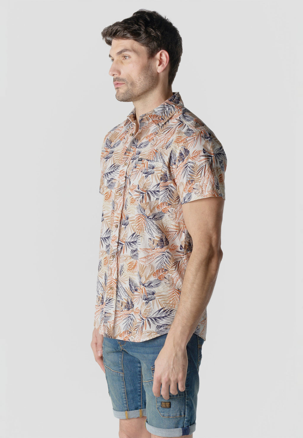 Camisa Hombre Manga Corta Estampada Tropical Algodón Slub – Koroshi Multicolor