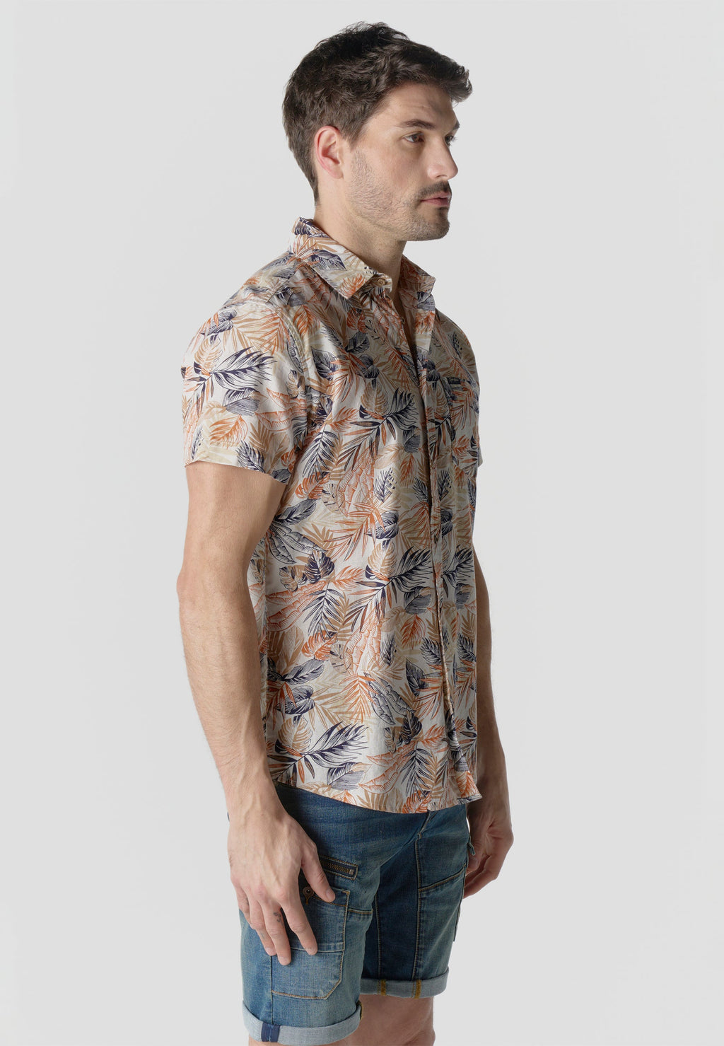 Camisa Hombre Manga Corta Estampada Tropical Algodón Slub – Koroshi Multicolor