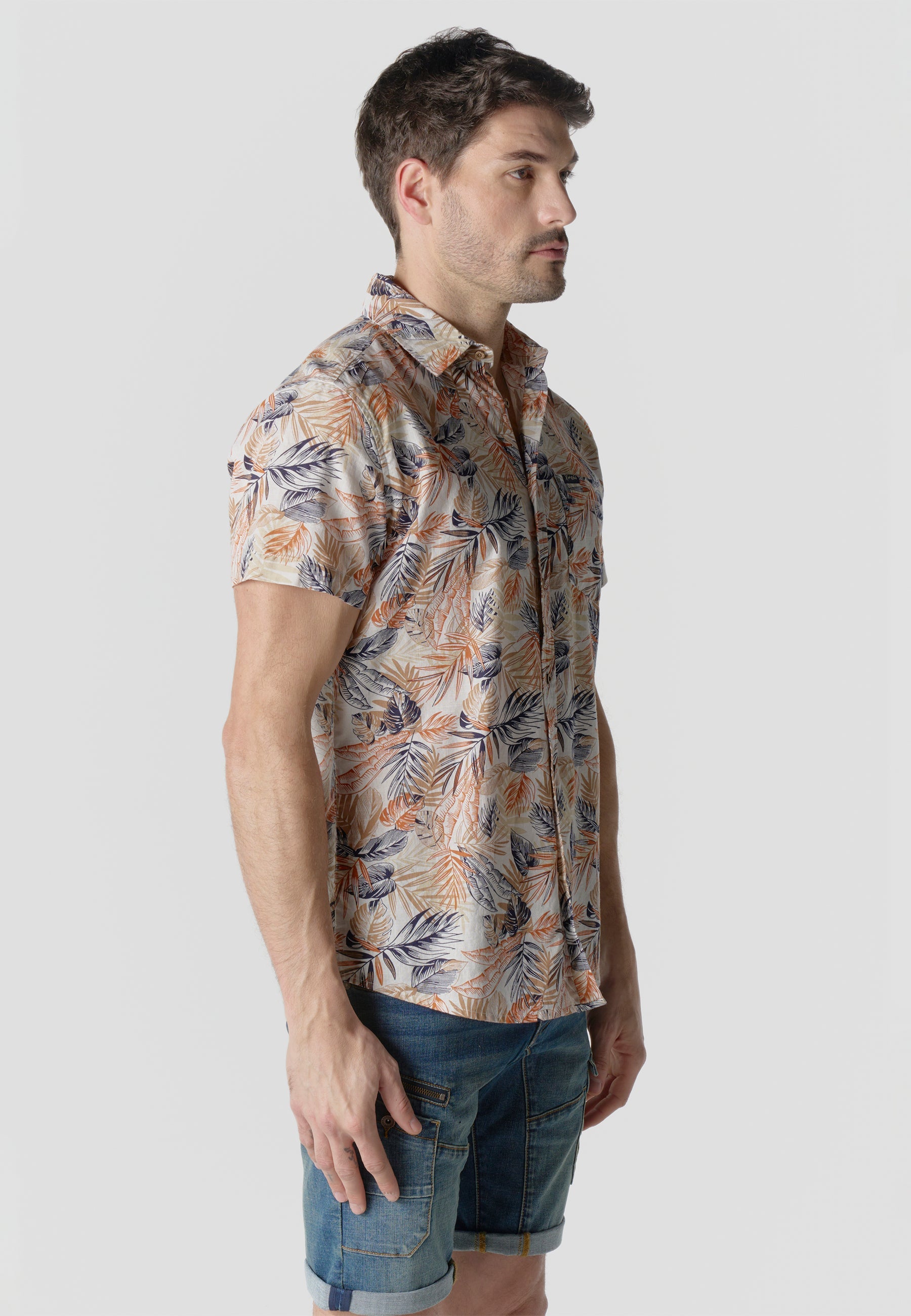 Camisa Hombre Manga Corta Estampada Tropical Algodón Slub – Koroshi Multicolor