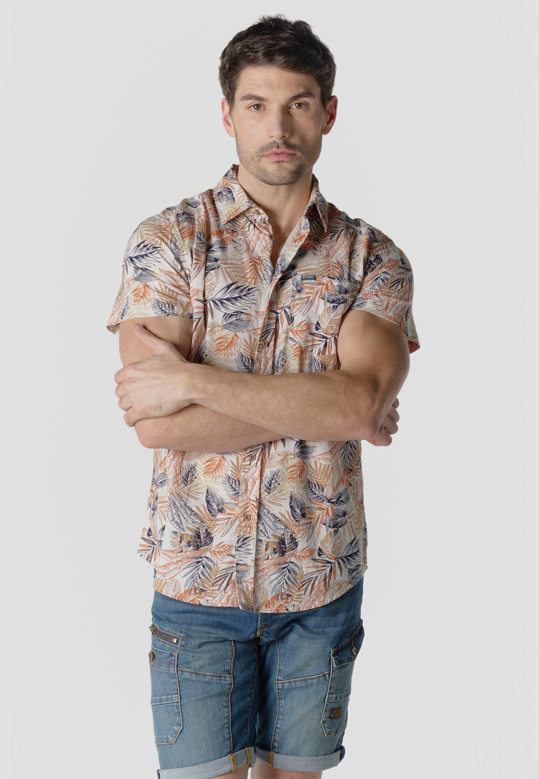 Camisa Hombre Manga Corta Estampada Tropical Algodón Slub – Koroshi Multicolor