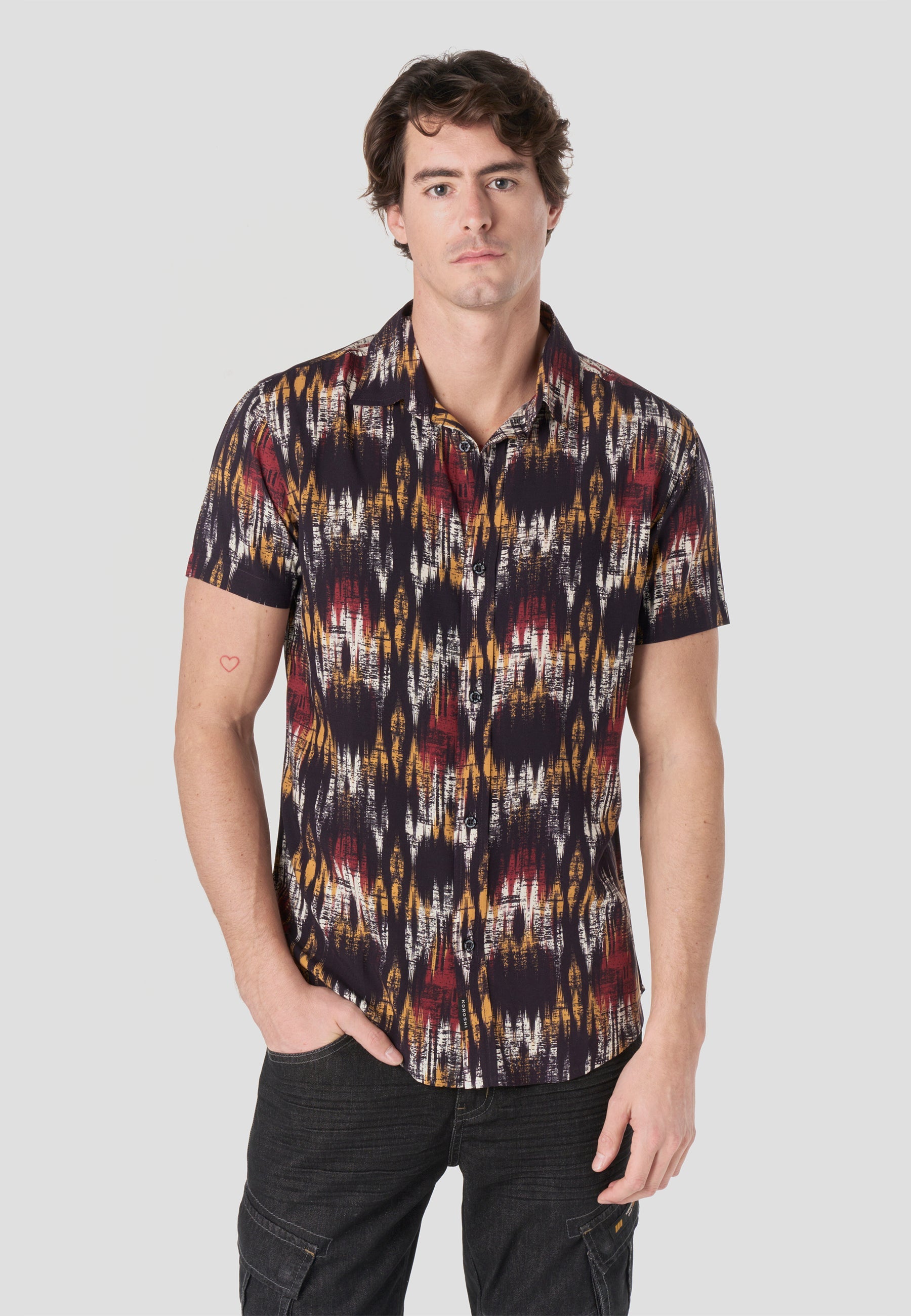 Camisa Hombre Manga Corta Estampada Viscosa Negra – Koroshi 2611CC50