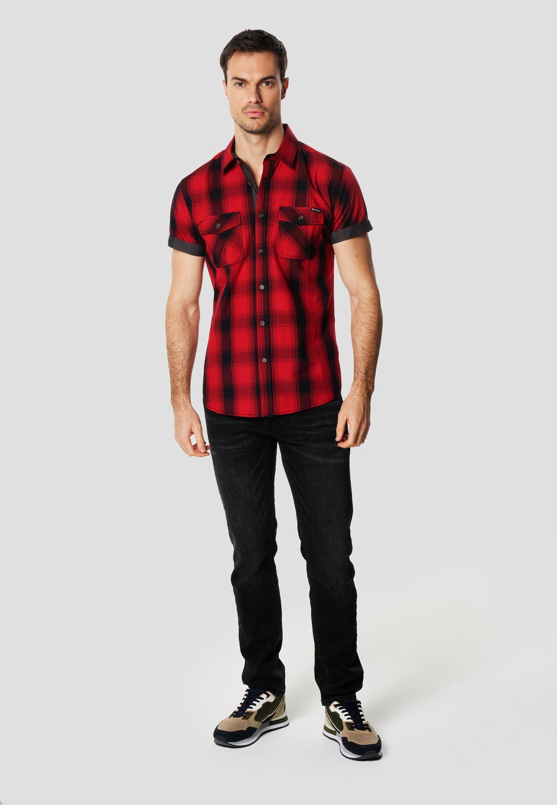 Camisa Hombre Manga Corta Cuadros Algodón Bolsillos – Koroshi 2611CC56