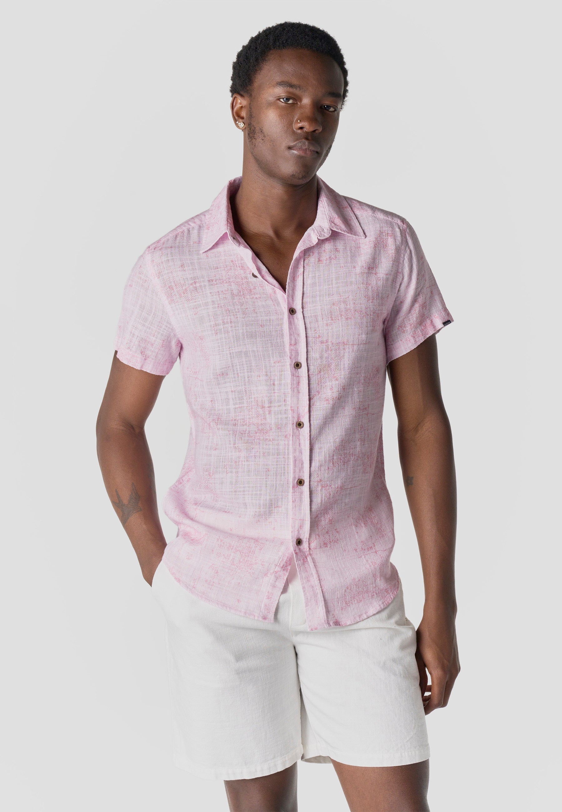Camisa Hombre Manga Corta Casual Algodón Rosa – Koroshi 2611CC65