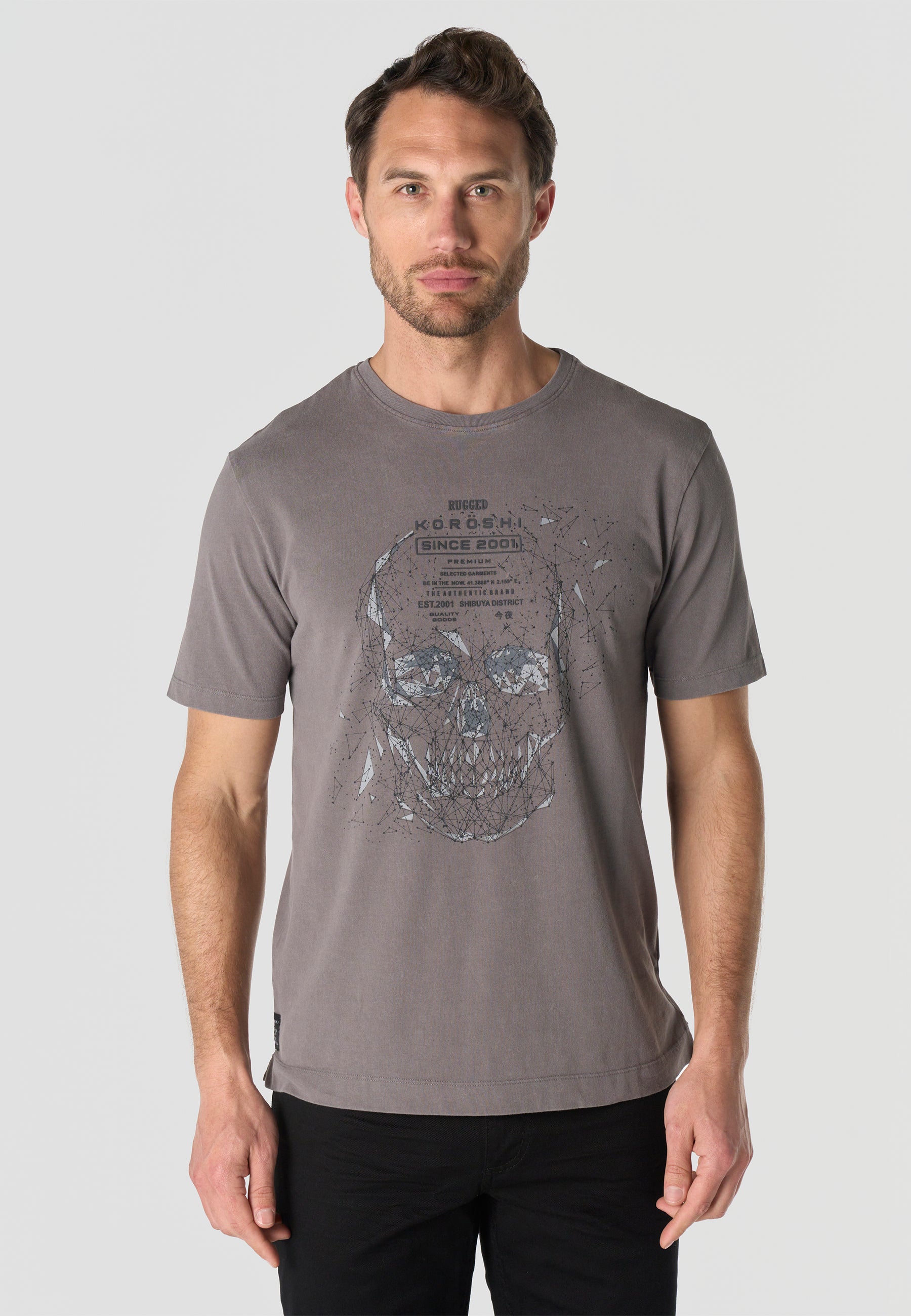 Camiseta Hombre Manga Corta Lavada Estampado Calavera Gris – Koroshi